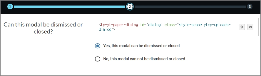  질문, Can this modal be dismissed or closed? 두 개의 선택 가능한 답변 중, yes, this modal can be dismissed or closed 라디오 버튼 선택됨, 화면에 요소의 마크업 영역 표시됨 