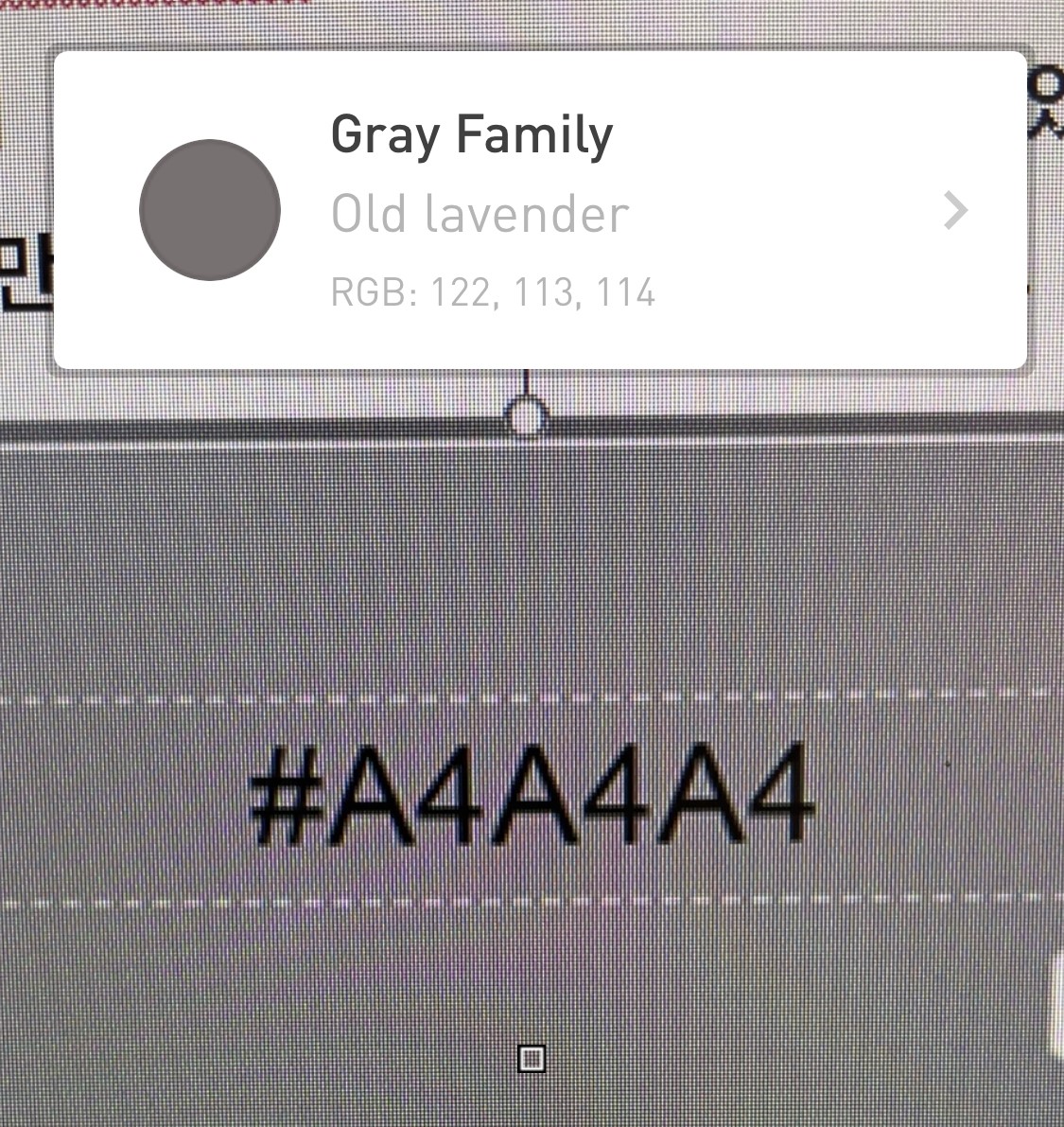 #a4a4a4 회색 배경 위 카메라 초점 고정됨 gray family, old lavender, RGB 122 113 114
